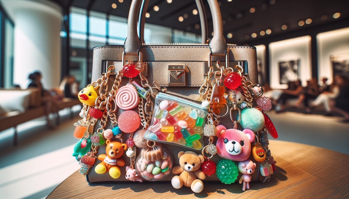 DALL·E 2024-09-13 15.11.55 - A stylish handbag adorned with a collection of vibrant and playful charms, attached in a way that creates a jingly and full appearance. Key charms i